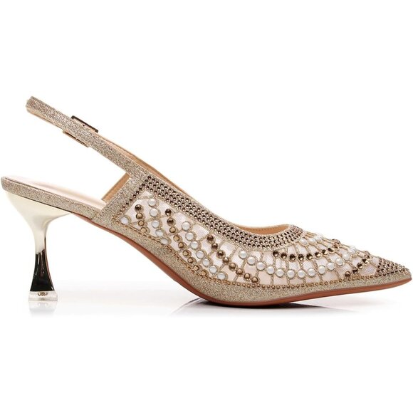 Women's Gold Slingback Pumps Polyurethane Rubber Sole 2-inch Heel - Picture 3 of 5